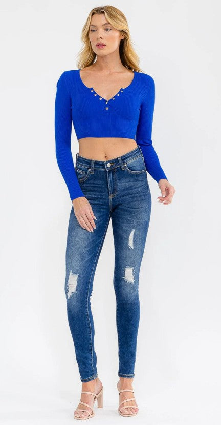 Long Sleeve V-Neck Ribbed Crop Top