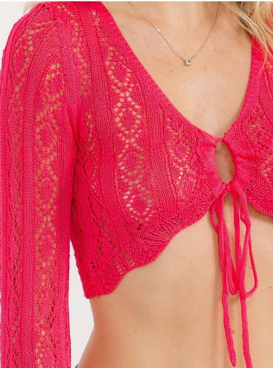 Long Sleeve Front Tie Knit Crop Top