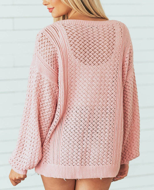 Loose Pointelle Knit Ribbed V Neck Sweater