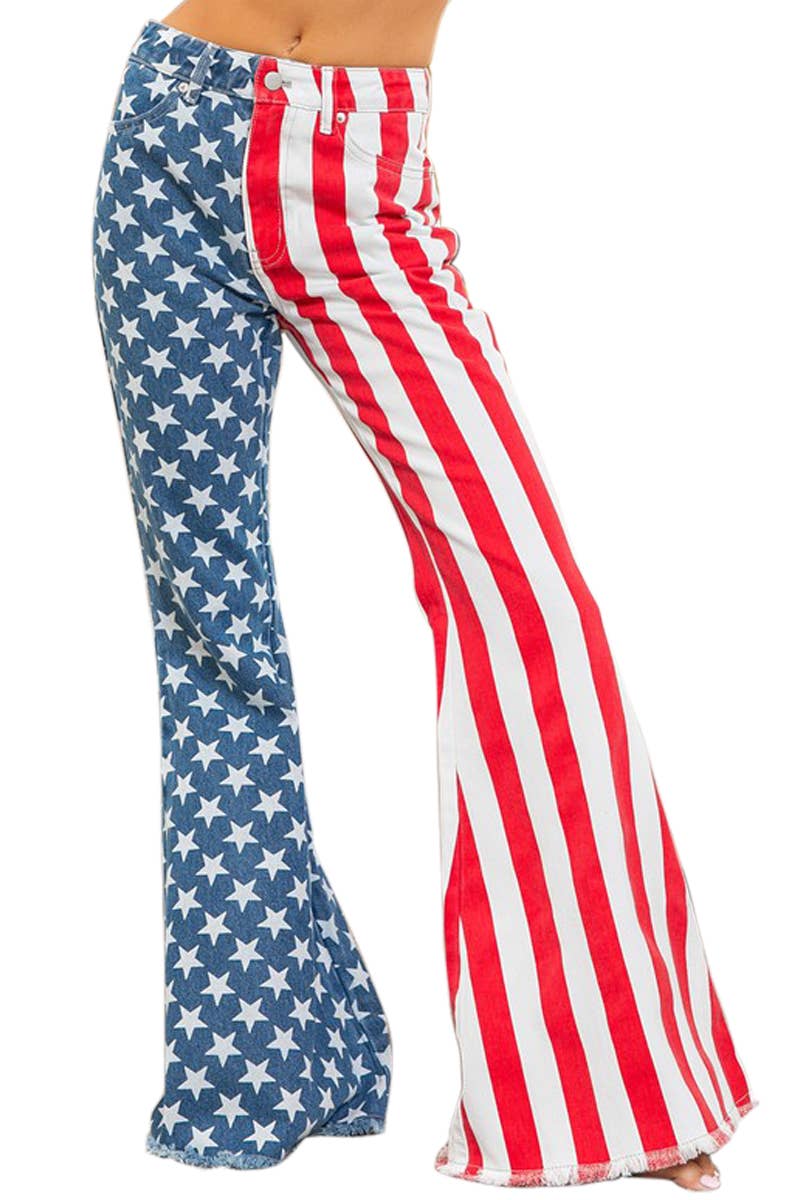 American Flag Theme Bell Bottom Denim Pants