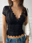 Deep V-Neck Fitted Cropped Knit Embroidered Top