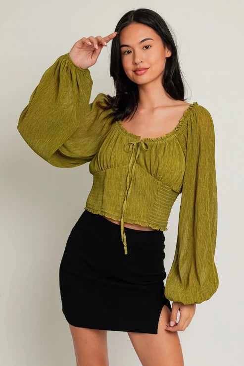 Crop Smoked Long Balloon Sleeve Front Tie Top