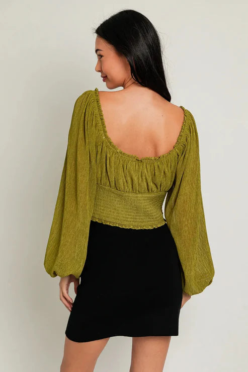 Crop Smoked Long Balloon Sleeve Front Tie Top