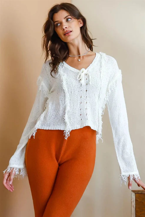 Off-White Trim Detail Self-Tie V-Neck Knit Top