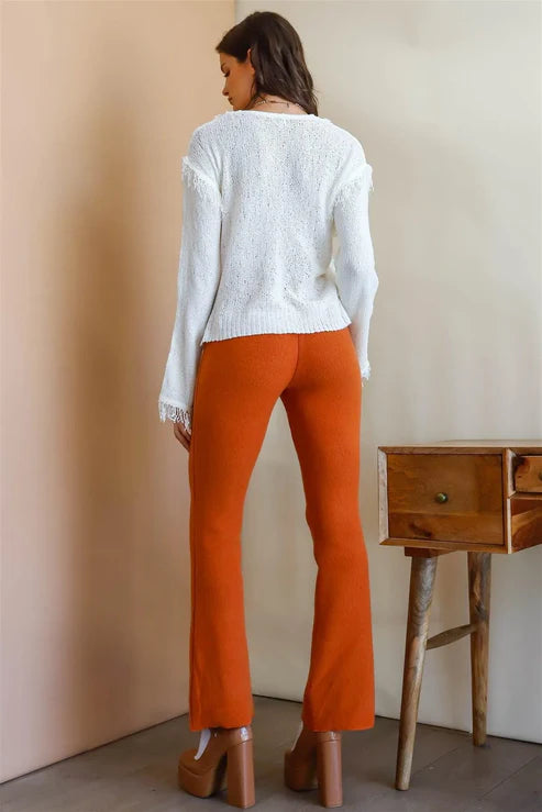 Off-White Trim Detail Self-Tie V-Neck Knit Top