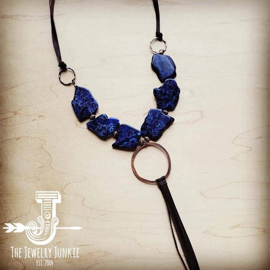 Navy Regalite Slab Necklace with Genuine Long Leather Tassel