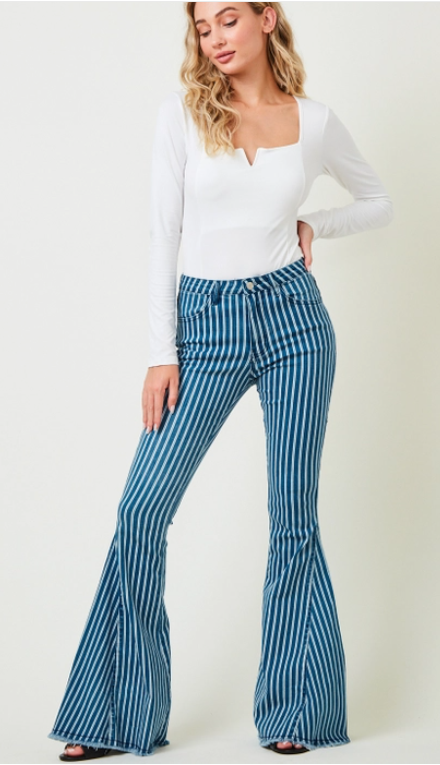 Blue Striped Denim Bell Bottoms