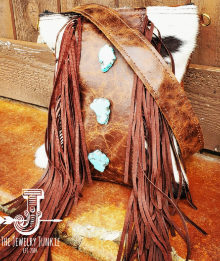 Crossbody Handbag w/ Brown Fringe & Turquoise Slabs