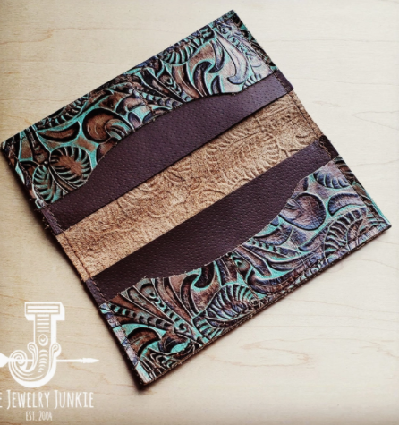 Embossed Leather Wallet in Turquoise Brown Floral