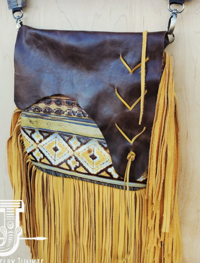 Leather Yellow Navajo Handbag w/ Flap and Braid Accent