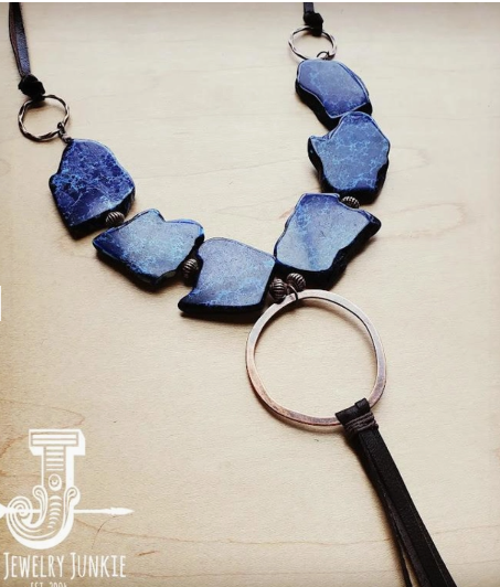 Navy Regalite Slab Necklace with Genuine Long Leather Tassel