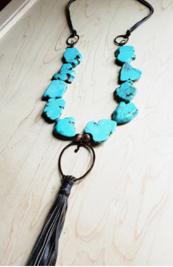 Turquoise Slab Necklace with Genuine Long Leather Tassel