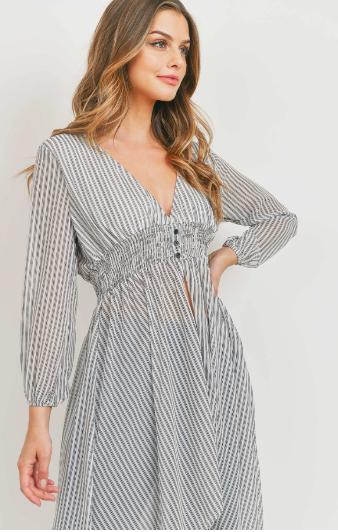 Striped Duster Kimono With Smocked Waist