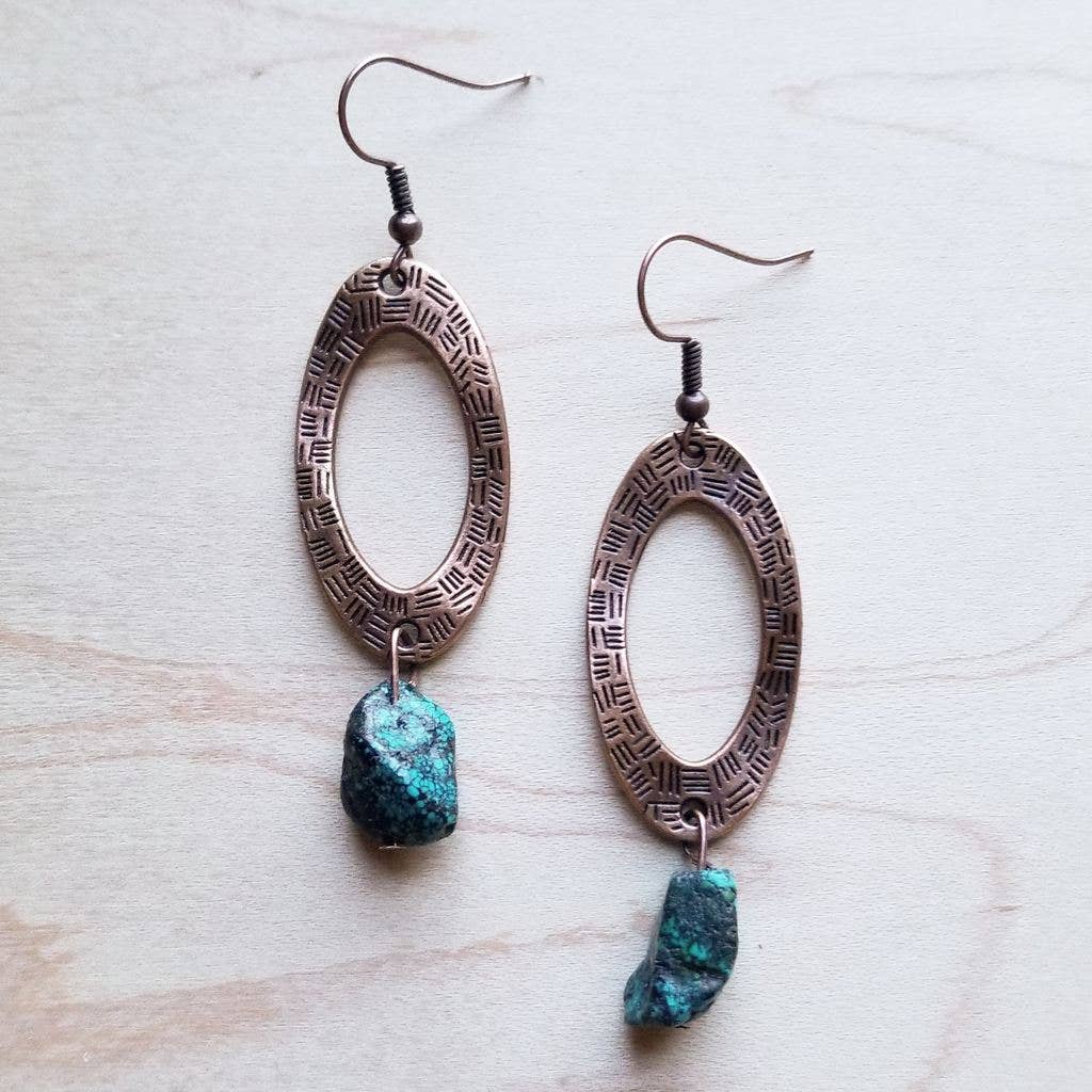 Hammered Copper Earrings African Turquoise with Bead