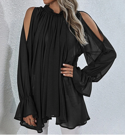 Fashion Cold Shoulder Chiffon Ruffle Flared Sleeve Dressy Top