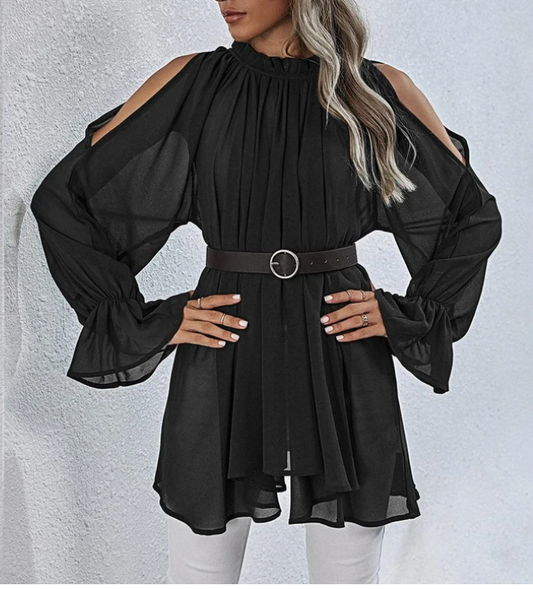 Fashion Cold Shoulder Chiffon Ruffle Flared Sleeve Dressy Top