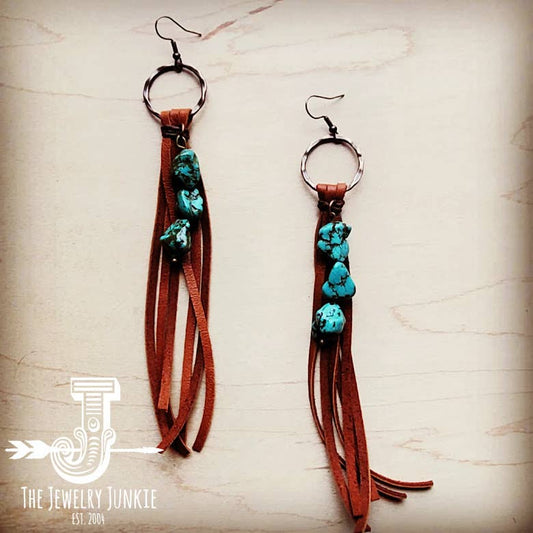 Leather Fringe Earrings with Turquoise Chunks