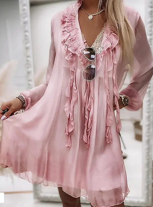 Solid Color Ruffled V-Neck Puff Sleeve Mini Dress