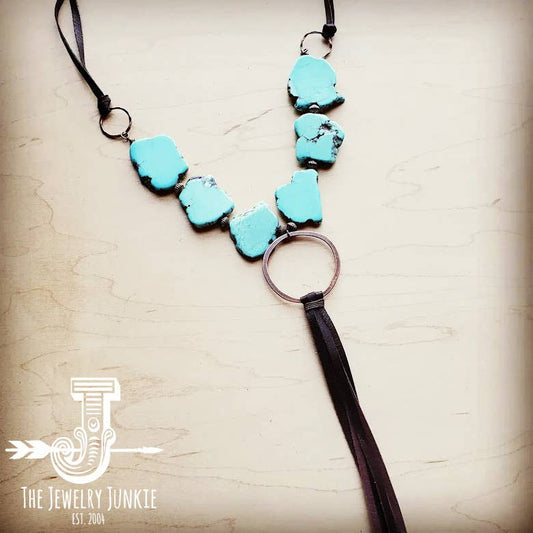 Turquoise Slab Necklace with Genuine Long Leather Tassel