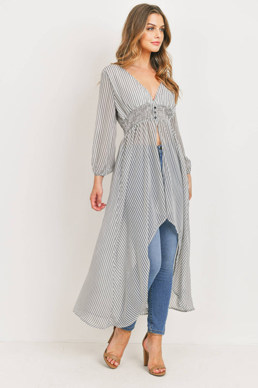 Striped Duster Kimono With Smocked Waist