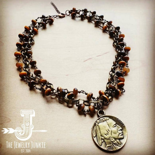 Tigers Eye Triple Strand Collar Necklace w/ Indian Coin