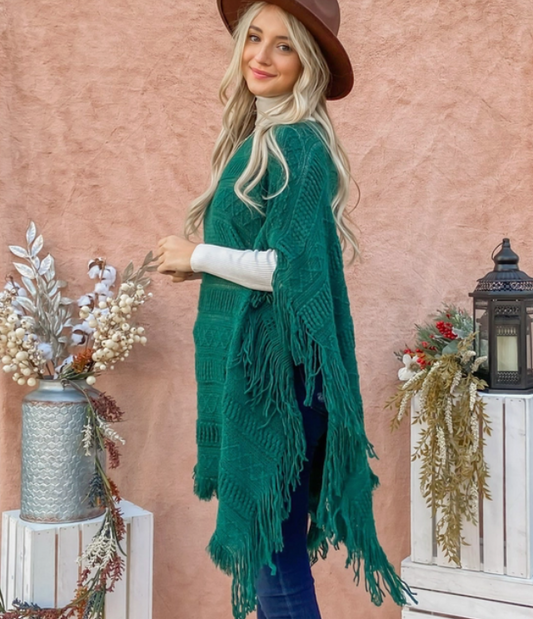 Fringe Detail Textured Sweater Poncho