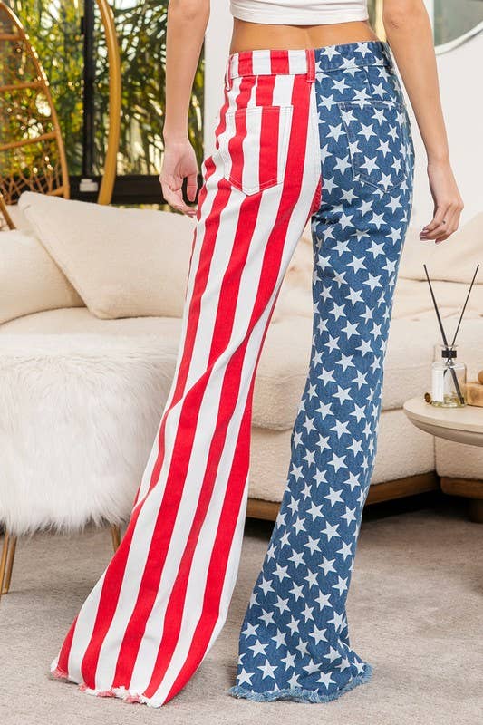 American Flag Theme Bell Bottom Denim Pants