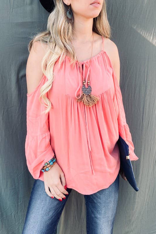 Cold Shoulder Halter Neck With Front Tie Top