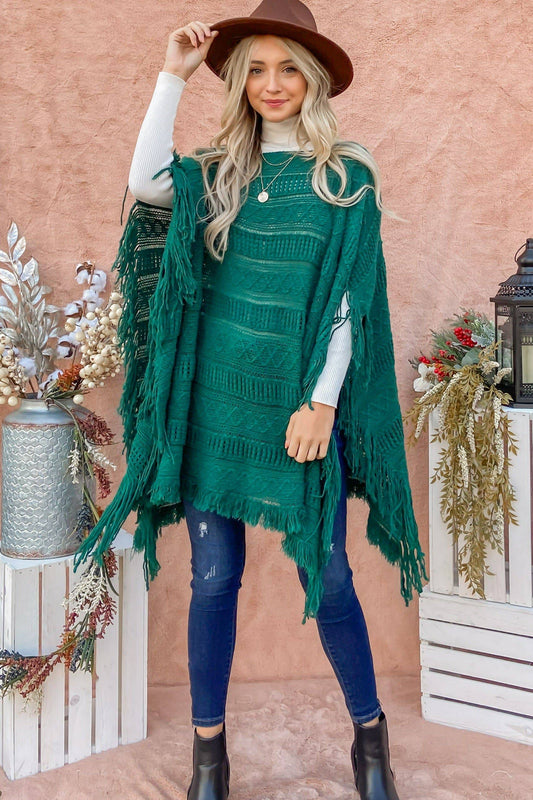 Fringe Detail Textured Sweater Poncho