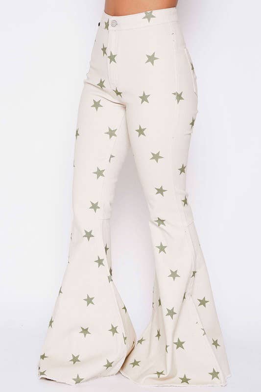 High Waisted Star Print Twill Bell Bottom Jeans