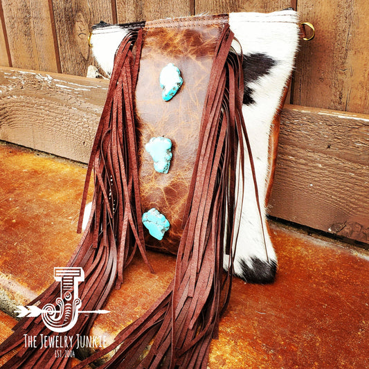 Crossbody Handbag w/ Brown Fringe & Turquoise Slabs