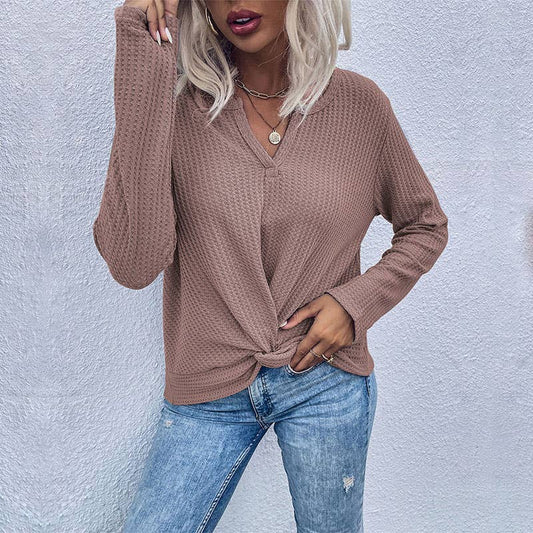 Subtle Drama Solid Waffle Twist Design Long Sleeve Top